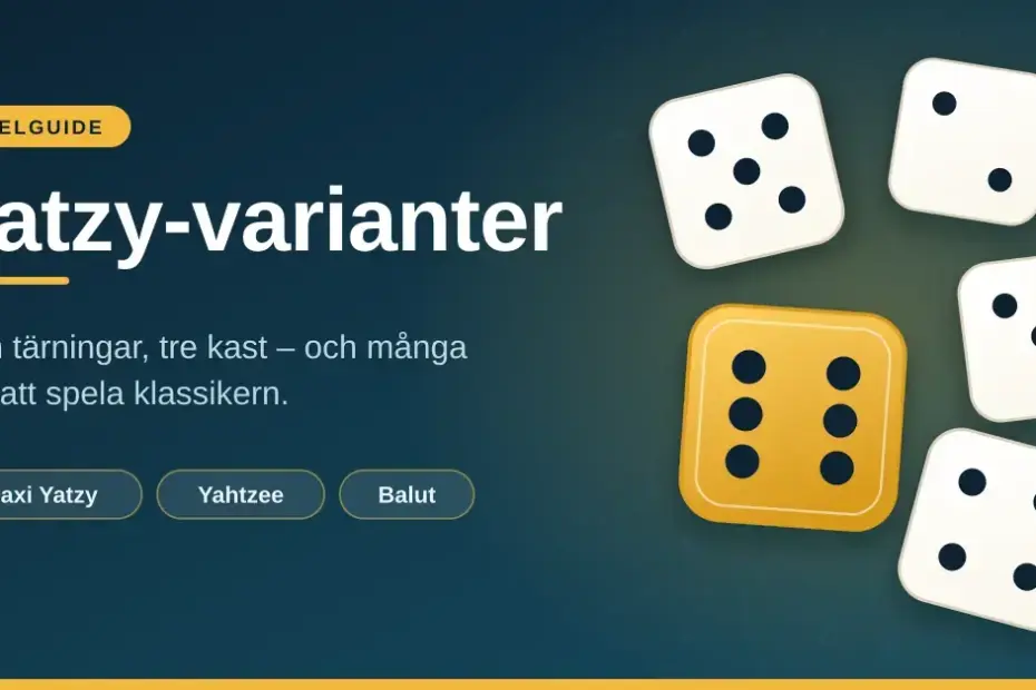 Grafik med rubriken "Yatzy-varianter" och fem tärningar, varav en guldfärgad sexa, mot mörkblå bakgrund.