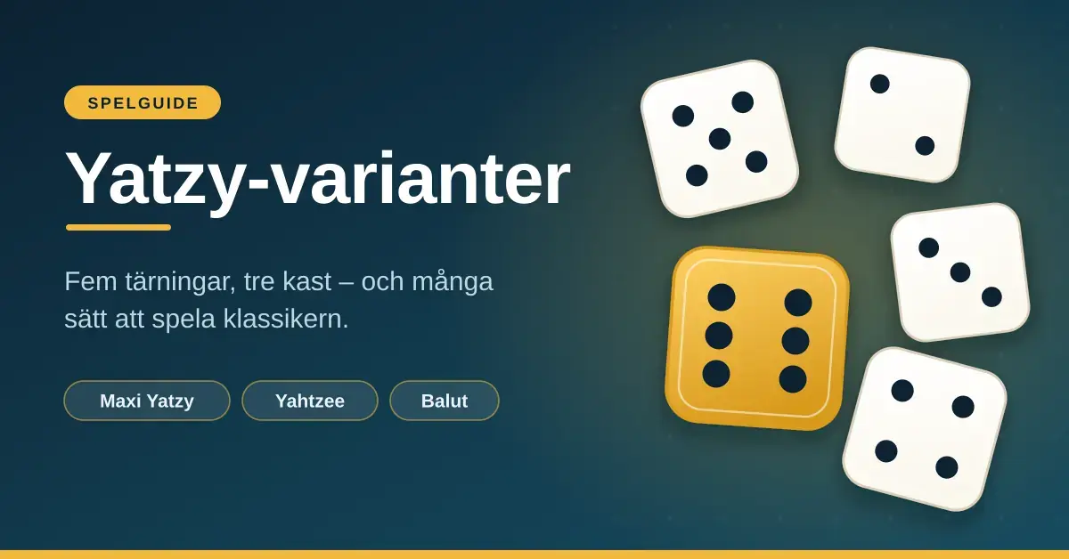 Grafik med rubriken "Yatzy-varianter" och fem tärningar, varav en guldfärgad sexa, mot mörkblå bakgrund.