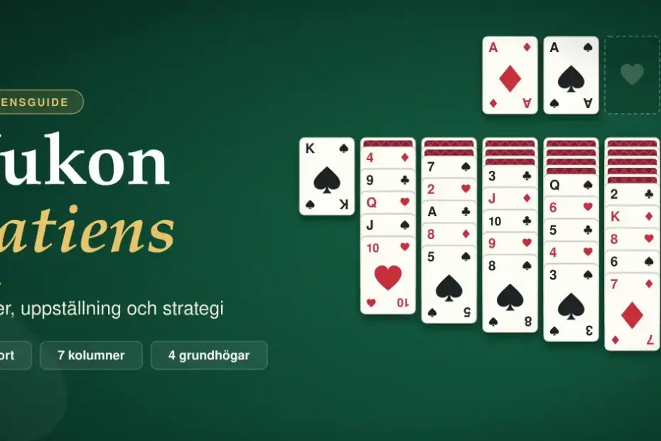 Grafik på grön spelbordsbakgrund med texten "Yukon patiens – regler, uppställning och strategi" bredvid en Yukon-giv med sju kolumner av spelkort, där nedvända kort ligger under uppvända, och fyra grundhögar ovanför.